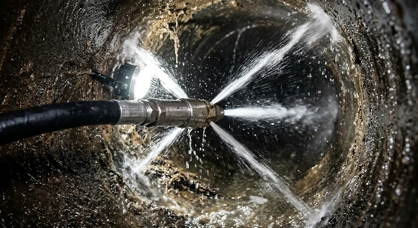 High-pressure hydro jetting nozzle cleaning sewer pipe for Emergency Drain Service in Edwardsville