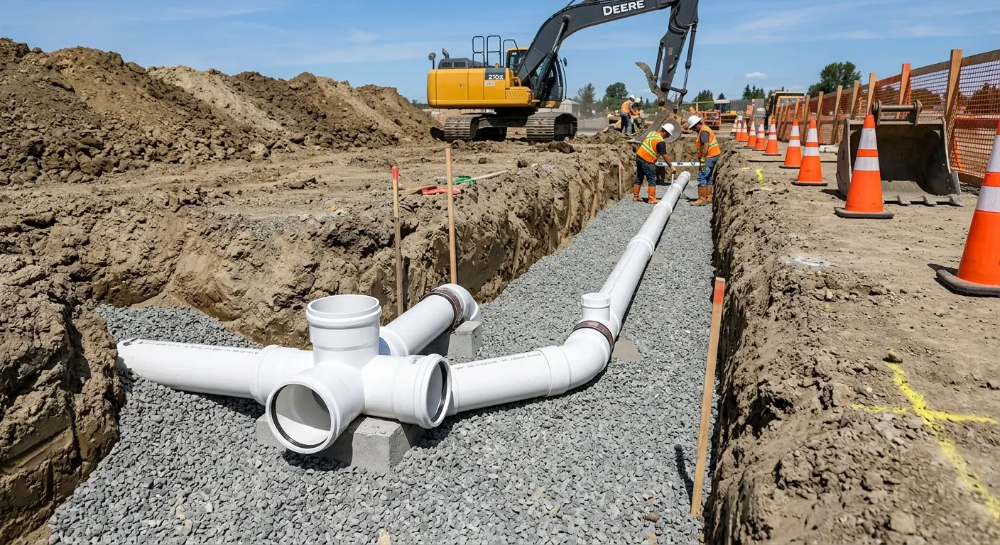 New PVC sewer pipe installation in open trench for Sewer Backup in Edwardsville