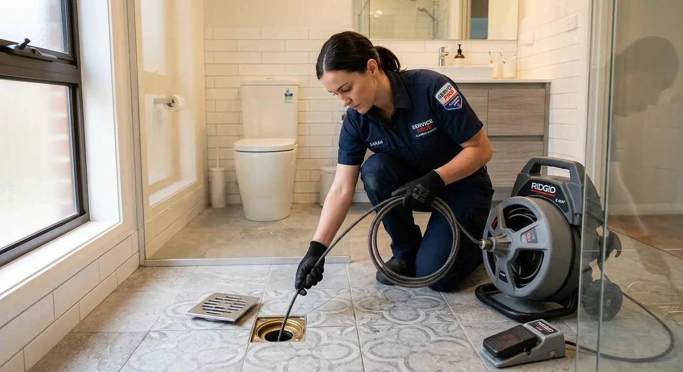 Technician clearing a bathroom floor drain for Sewer Line Installation in Edwardsville
